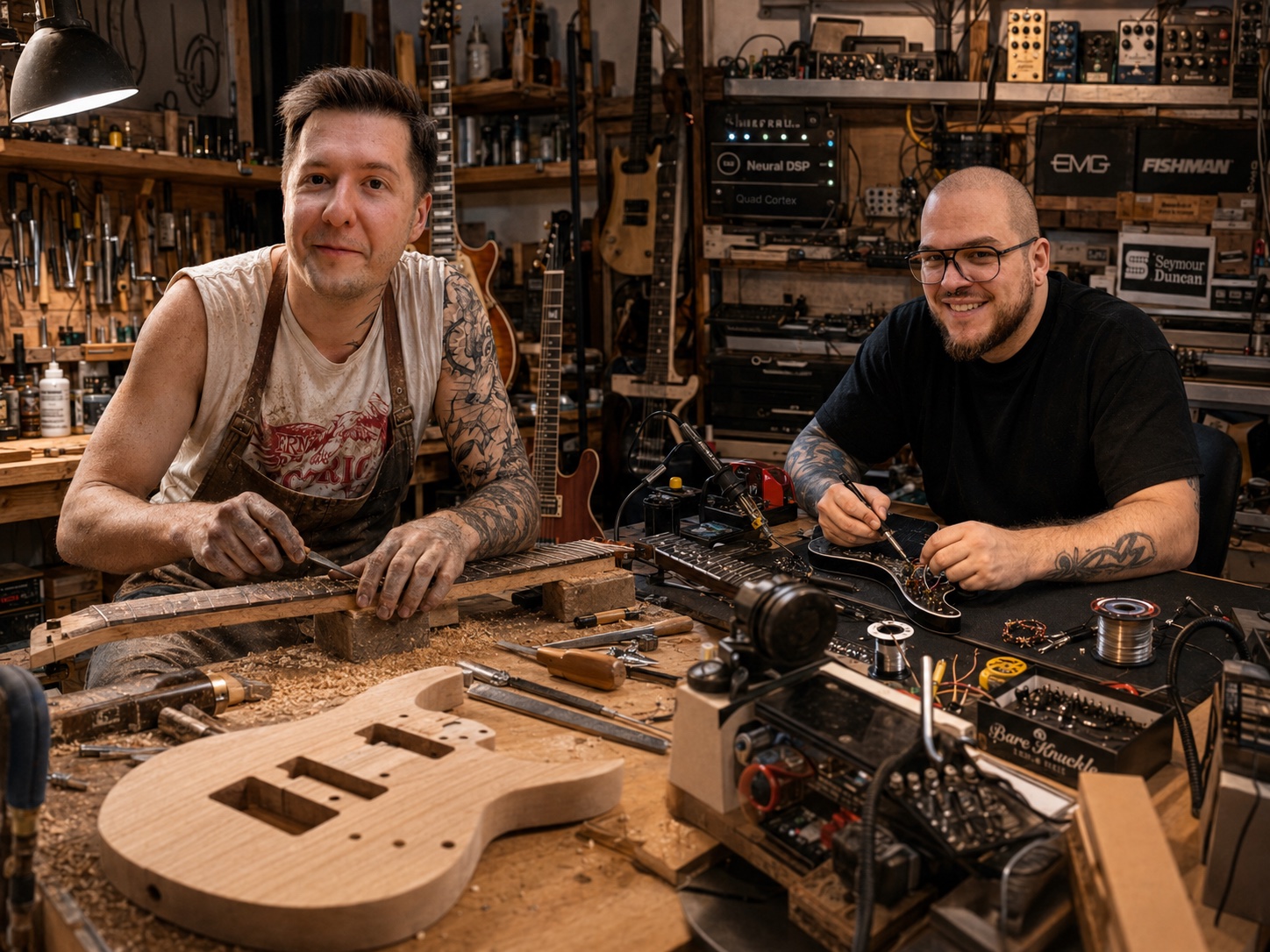 Dwie osoby pracujące wspólnie przy gitarach w warsztacie